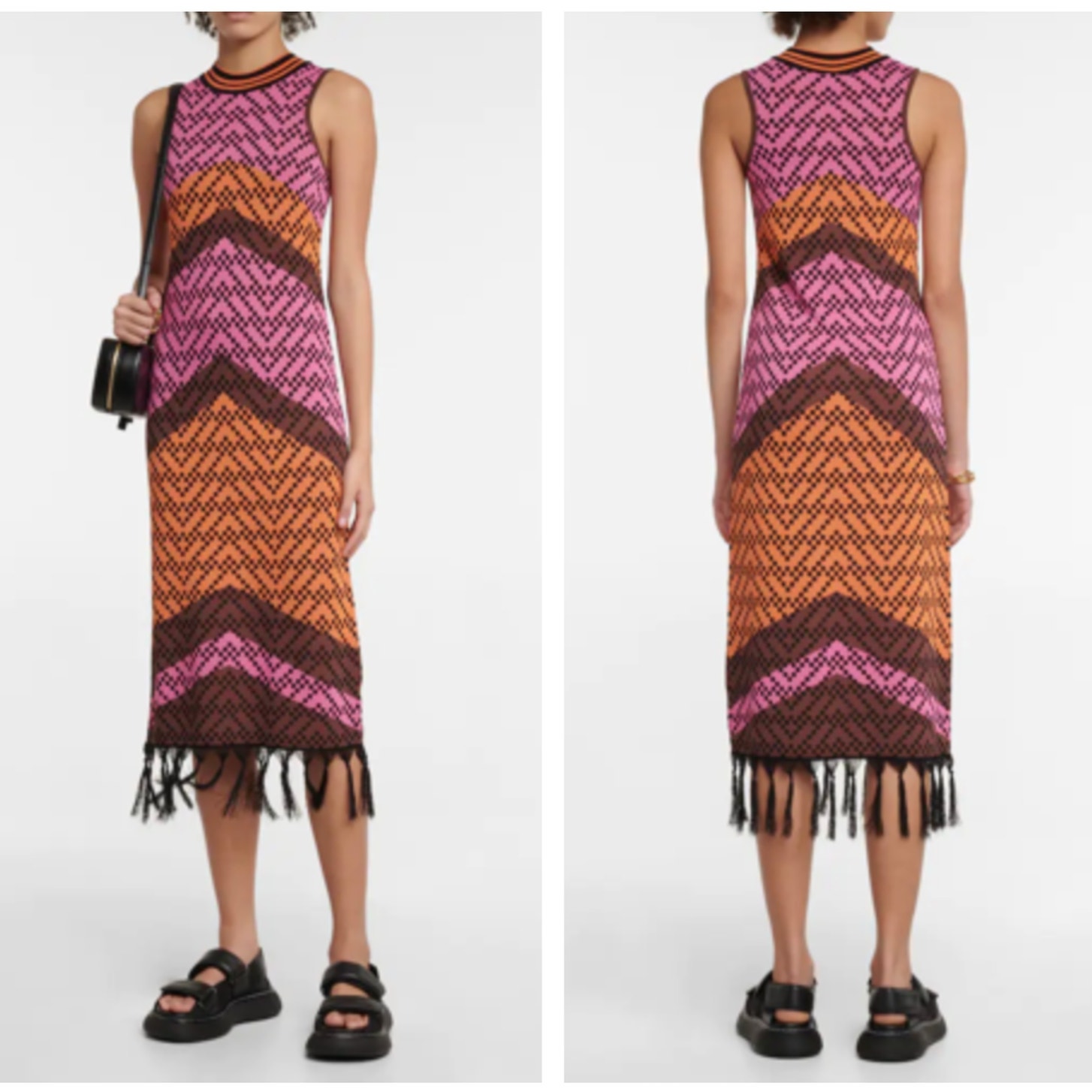 Dodo Bar Or Nia Fringed Jacquard Knit Midi Dress Orange Pink Sz 46 / L {3w38}